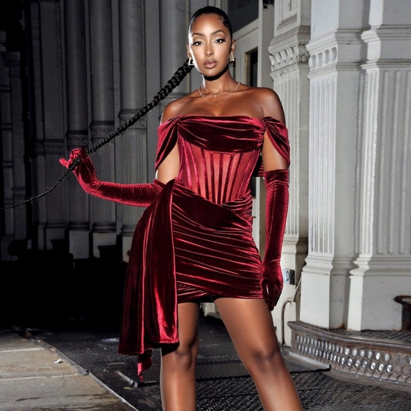 Burgundy Velvet Off Shoulder Corset Dress - Picture 2 of 10